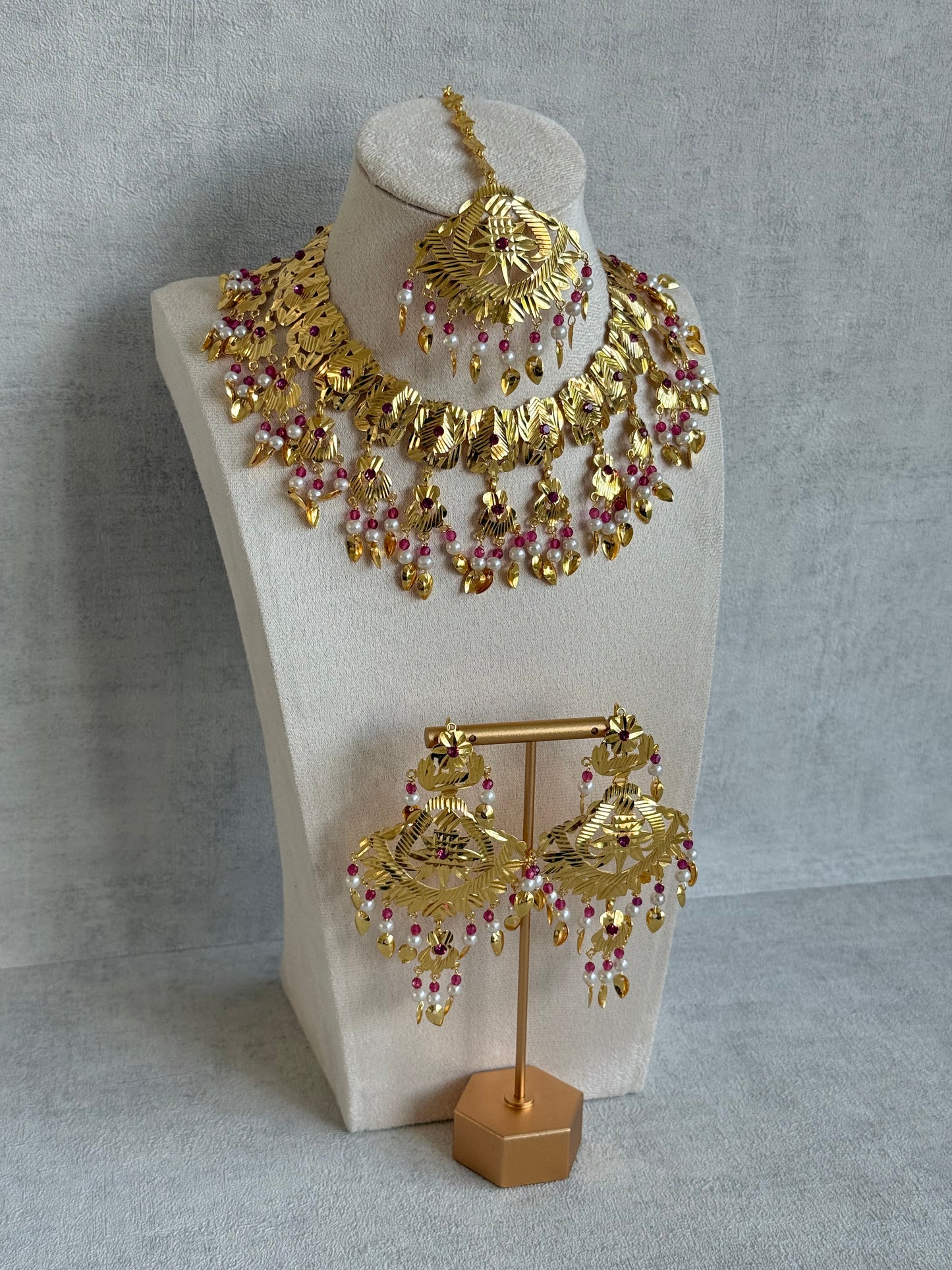 Ayura Designs Baisakhi Set with Earrings & Tikka – Gold Pipal Patti Design with Ruby Pink Beads & Pearl Detailing
