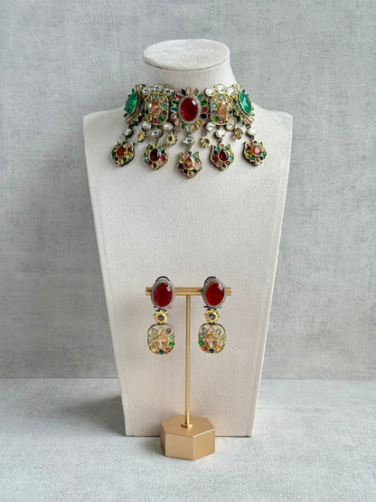 Ayura Designs Verity Choker Set with Earrings – Multicolour Stones, Crystal Accents & Antique Silver Finish