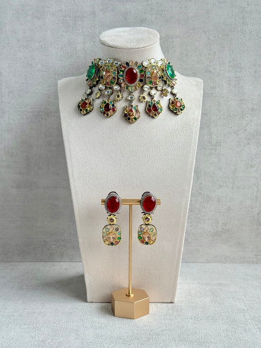 Ayura Designs Verity Choker Set with Earrings – Multicolour Stones, Crystal Accents & Antique Silver Finish