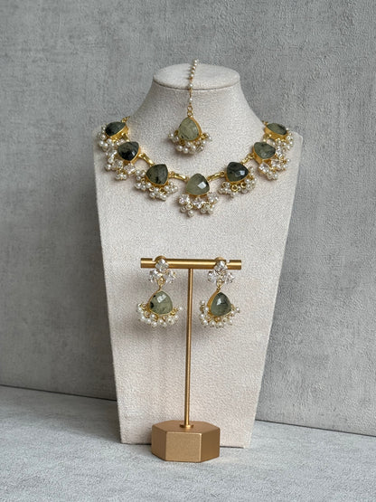 Ayura Designs Lala Set with Tikka & Earrings – Prehnite, Swarovski Crystals & Pearls