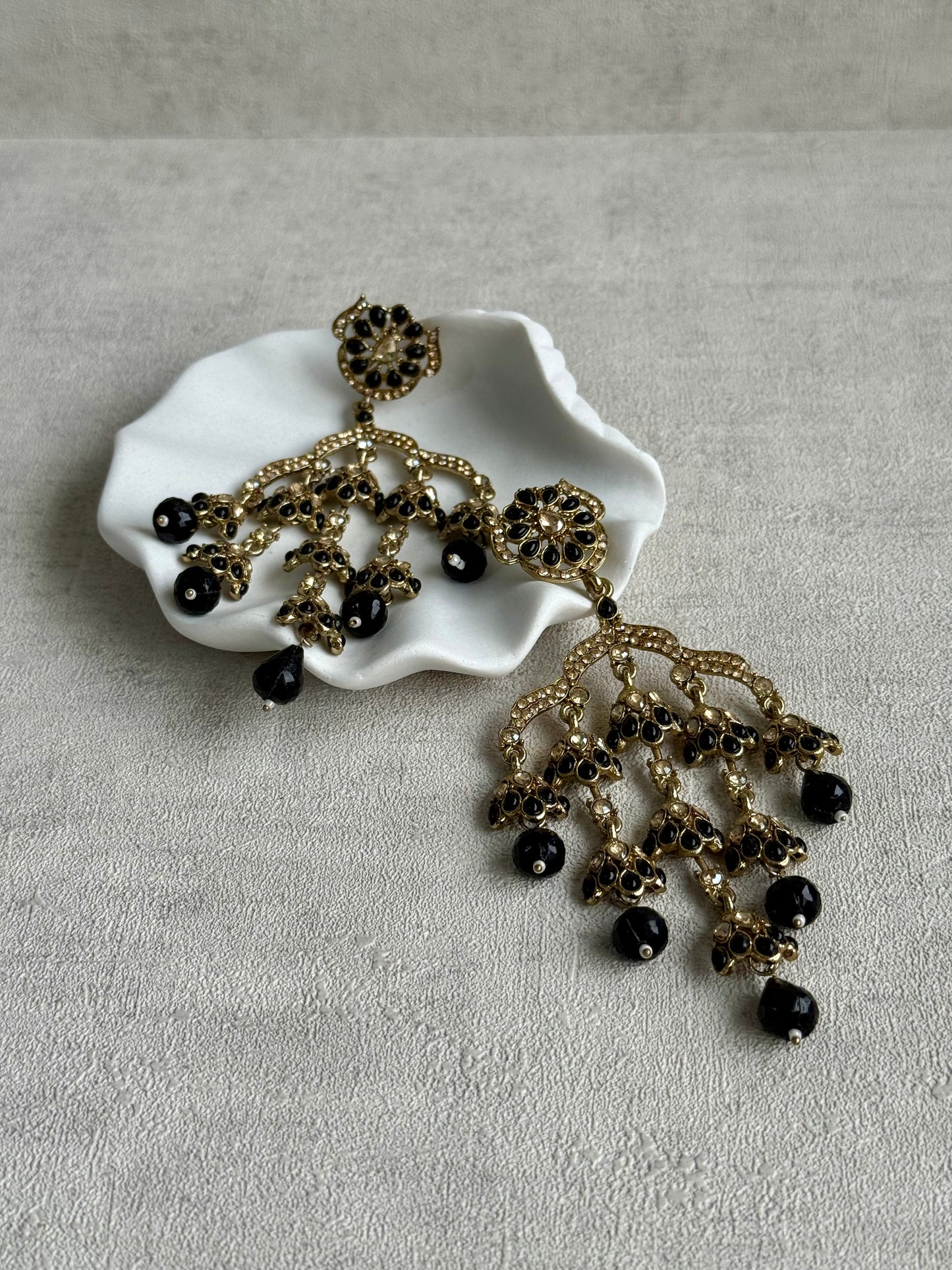 Ayura Designs Jasmine Earrings – Black Chandelier Earrings with Antique Gold Detailing & Tiered Drops