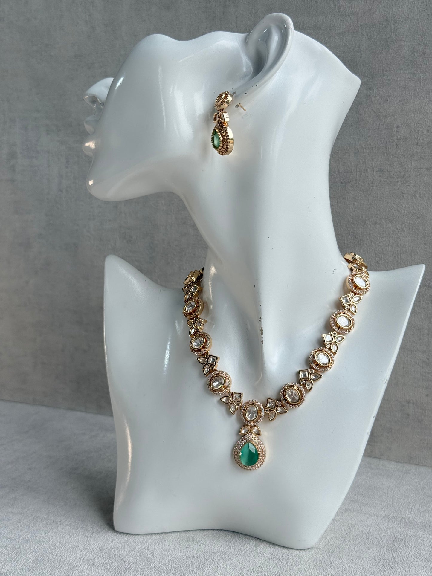 Ayura Designs Gazia Necklace Set with Earrings – Kundan, Mint Green Stones & Gold Finish