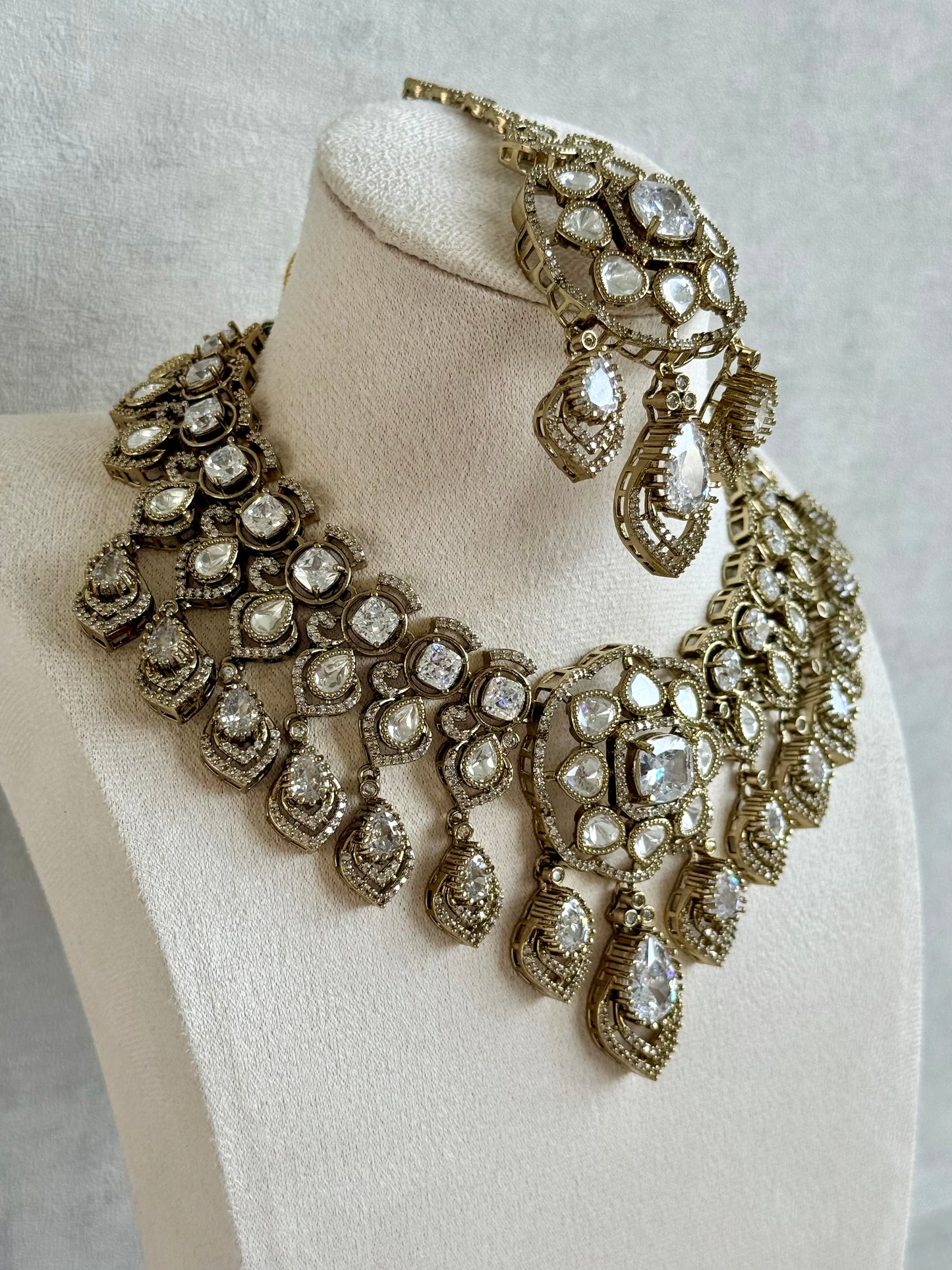 Ayura Designs Kiyah Bridal Set with Necklace, Earrings & Tikka – Moissanite Stones with Antique Gold Finish