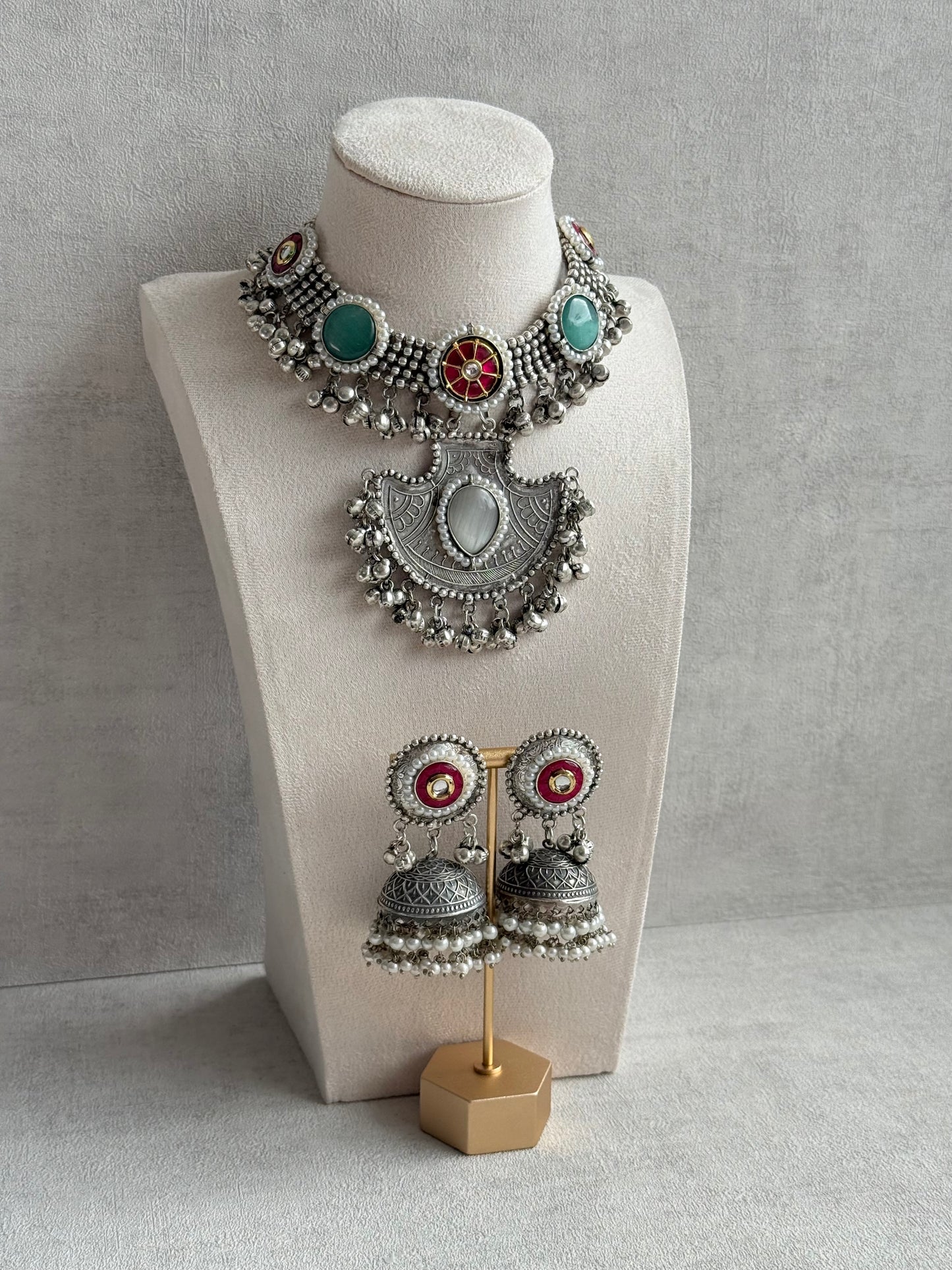 Ayura Designs Zareefa Necklace Set with Jhumkis – Oxidised Silver Pendant Necklace with Multicolour Stones, Pearl Detailing & Ghungroo Accents