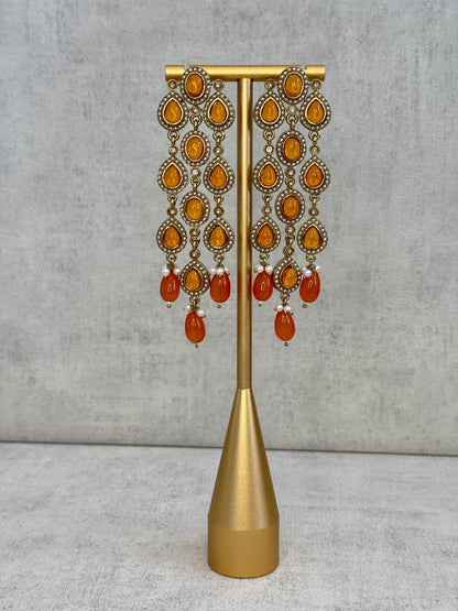 Ayura Designs Mia Earrings – Handcrafted Gold-Toned Cascading Earrings with Orange Gemstones, Pearl Accents & Elegant Drop Detailing