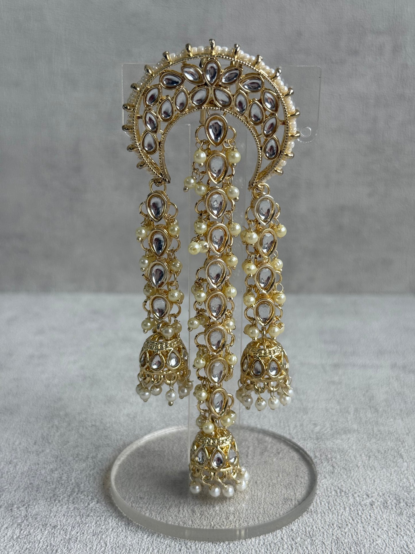 Ayura Designs Enjal Hair Brooch – Crescent Polki Design with Jhumki Tassels & Pearl Detailing
