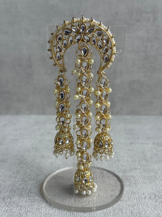 Ayura Designs Enjal Hair Brooch – Crescent Polki Design with Jhumki Tassels & Pearl Detailing