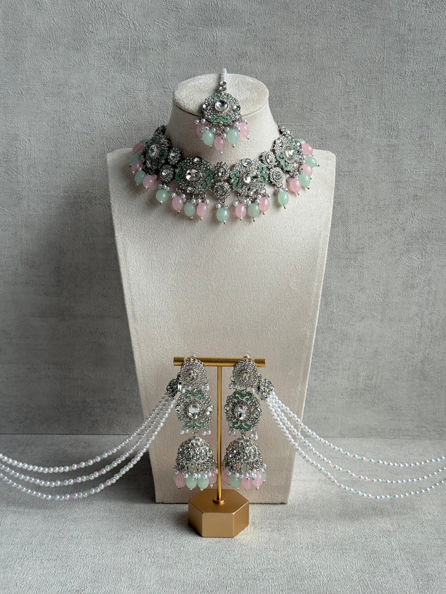 Ayura Designs Uzairah Set with Tikka & Sahare Jhumkis – Pastel Mint & Blush Beads with Pearl Strands & Mirror-Cut Detailing