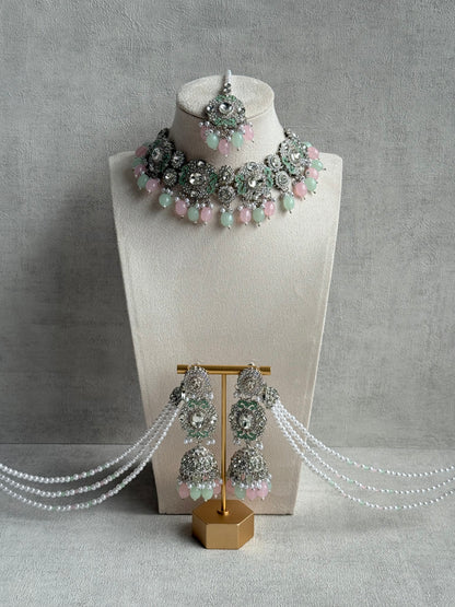 Ayura Designs Uzairah Set with Tikka & Sahare Jhumkis – Pastel Mint & Blush Beads with Pearl Strands & Mirror-Cut Detailing