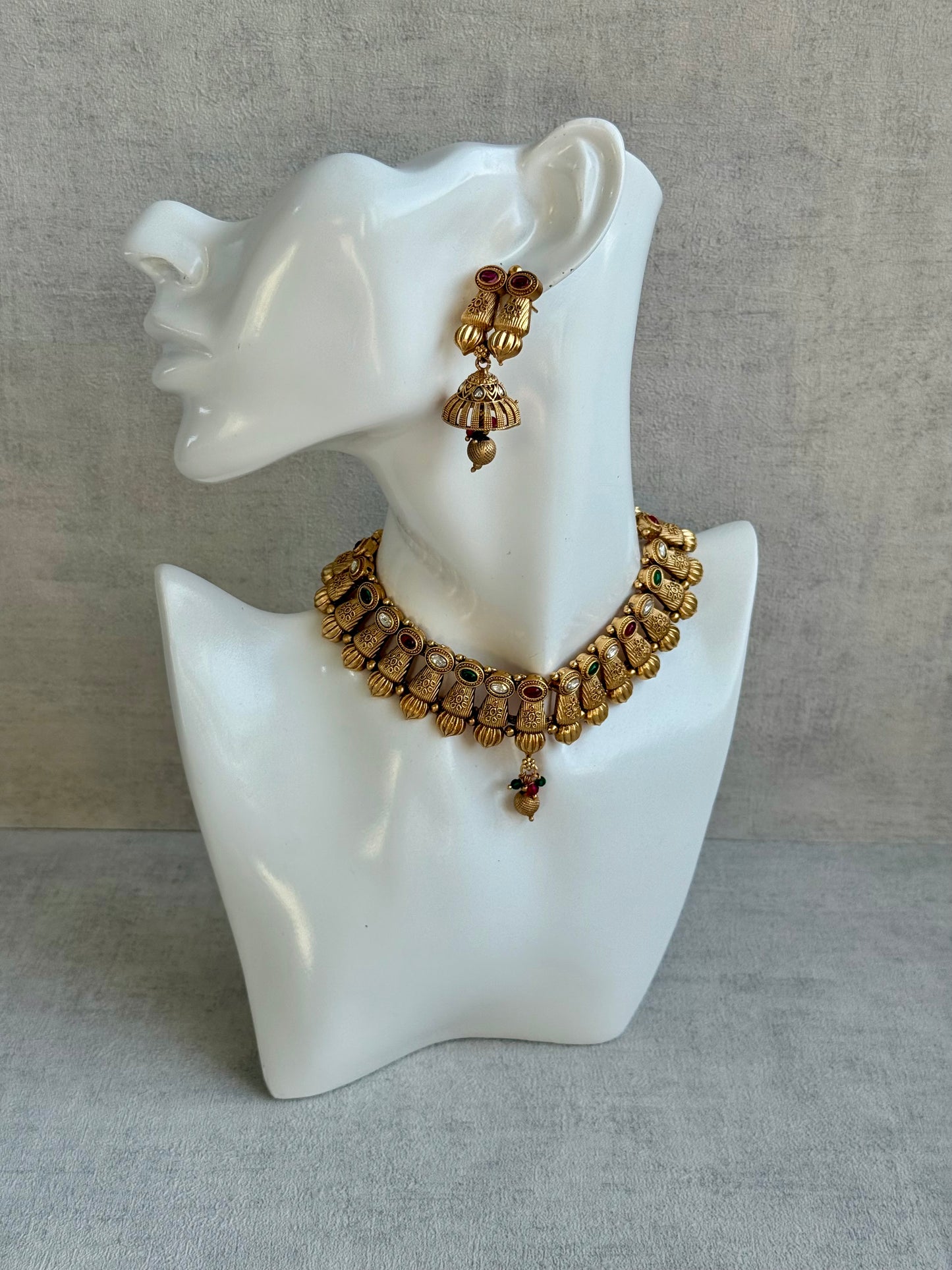 Ayura Designs Aima Necklace Set with Earrings – Antique Gold with Rani Pink & Emerald Green Stones