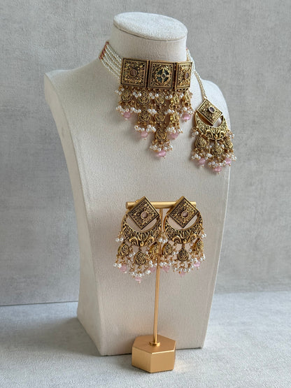 Ayura Designs Samera Choker Set with Earrings & Tikka – Blush Pink Beads, Pearl Detailing, Green Centre Stone, Floral Motifs & Antique Gold Finish