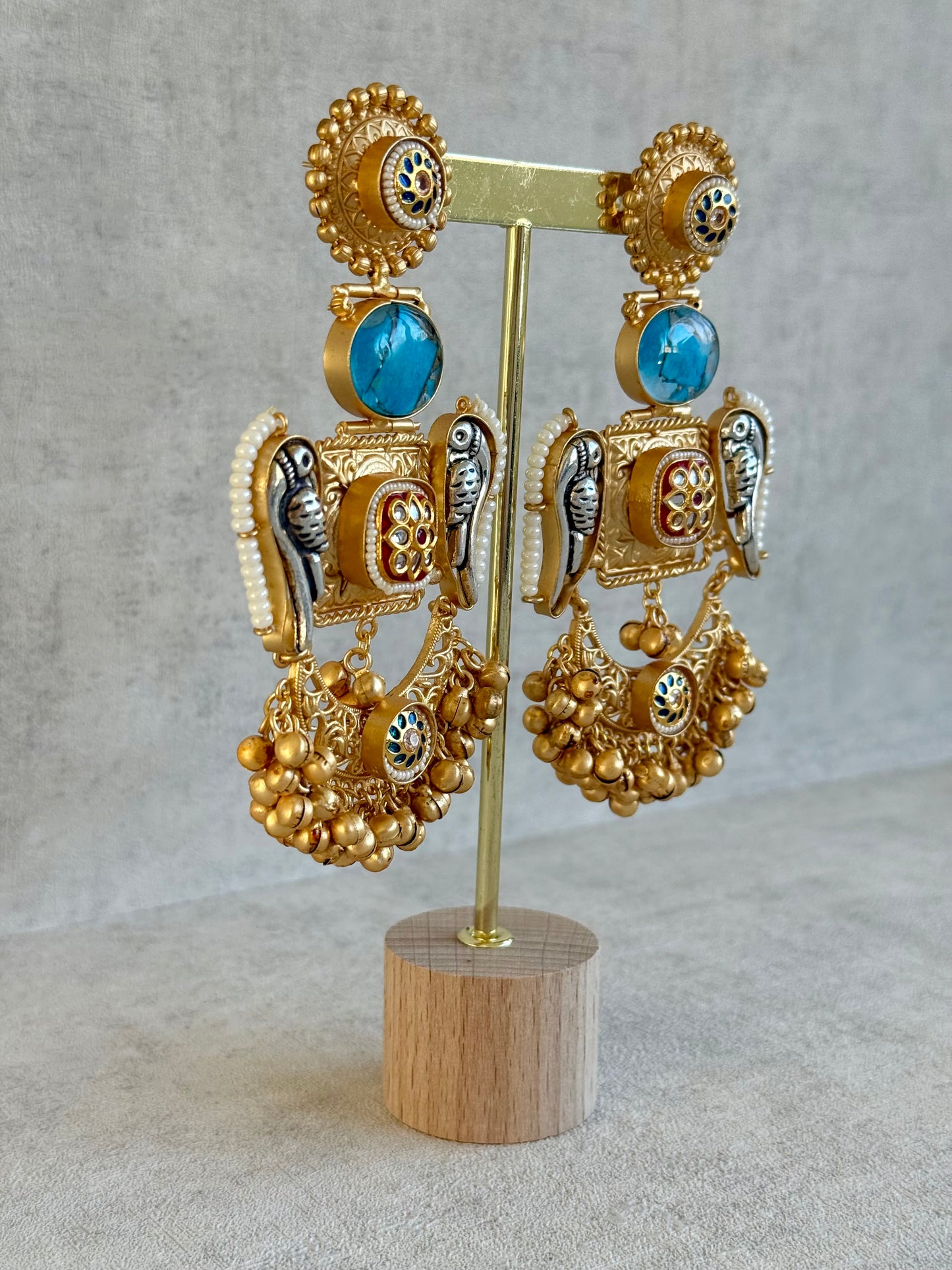 Ayura Designs Soha Earrings – Antique Gold with Turquoise Stone & Oxidised Parrots