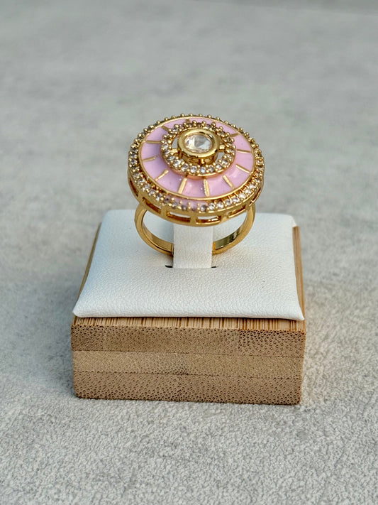 Ayura Designs Maisie Adjustable Ring – Blush Pink Enamel with Crystal Border & Moissanite Centre