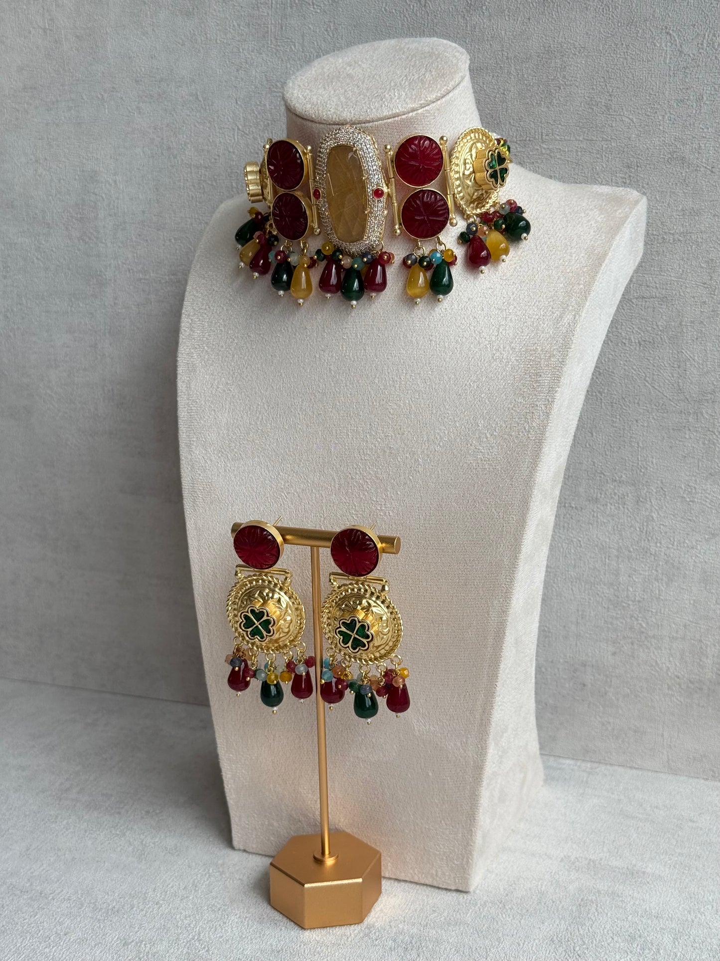 Ayura Designs Faizaan Choker Set with Earrings – Multicolour Stone Drops, Carved Ruby Details & Antique Gold Finish