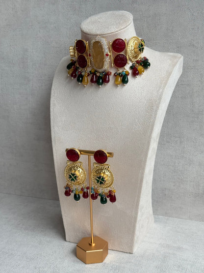 Ayura Designs Faizaan Choker Set with Earrings – Multicolour Stone Drops, Carved Ruby Details & Antique Gold Finish