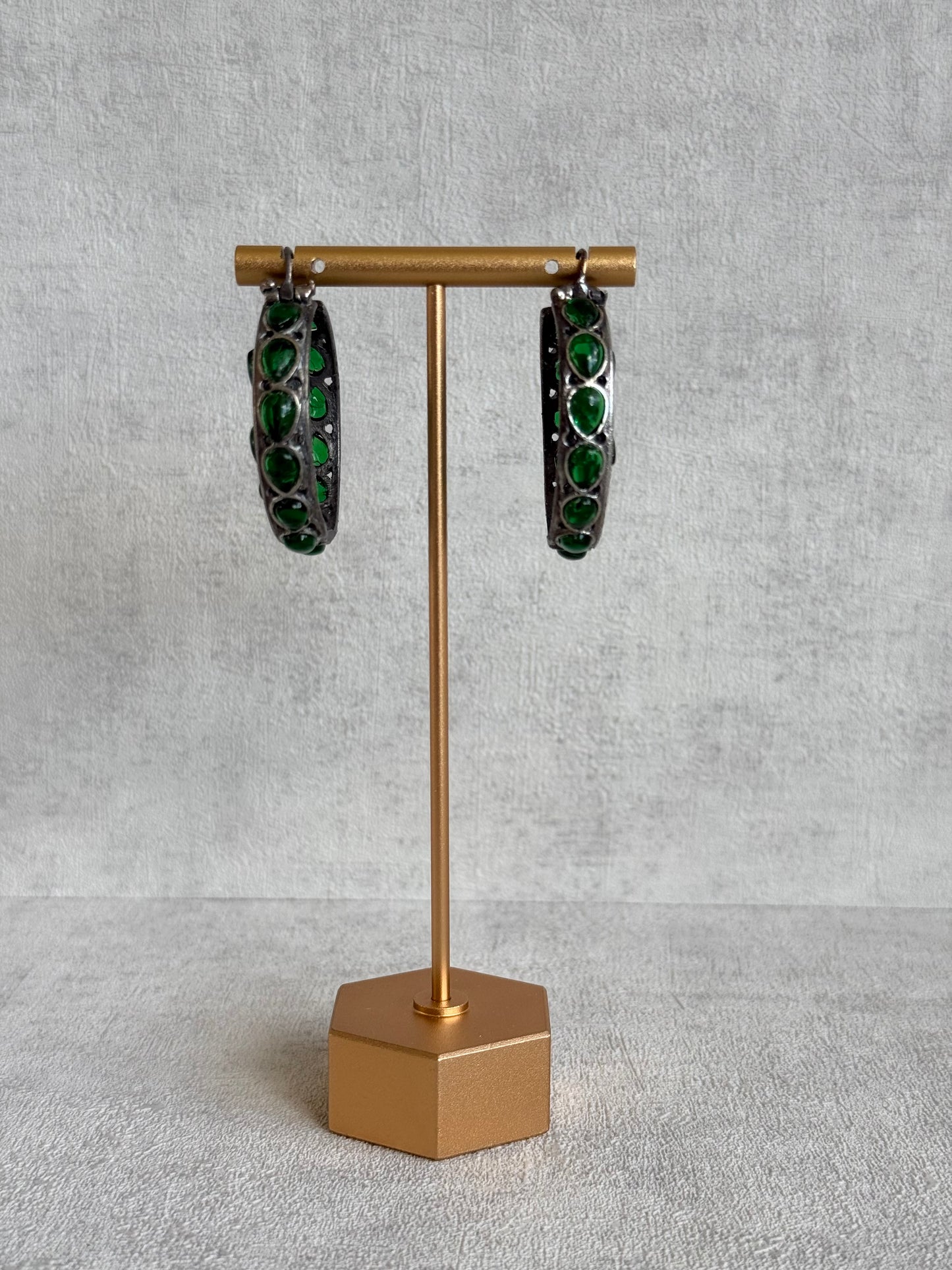 Ayura Designs Nureh Earrings – Dual Tone Floral Hoop Earrings with Emerald Green Stones & Cutwork Detailing