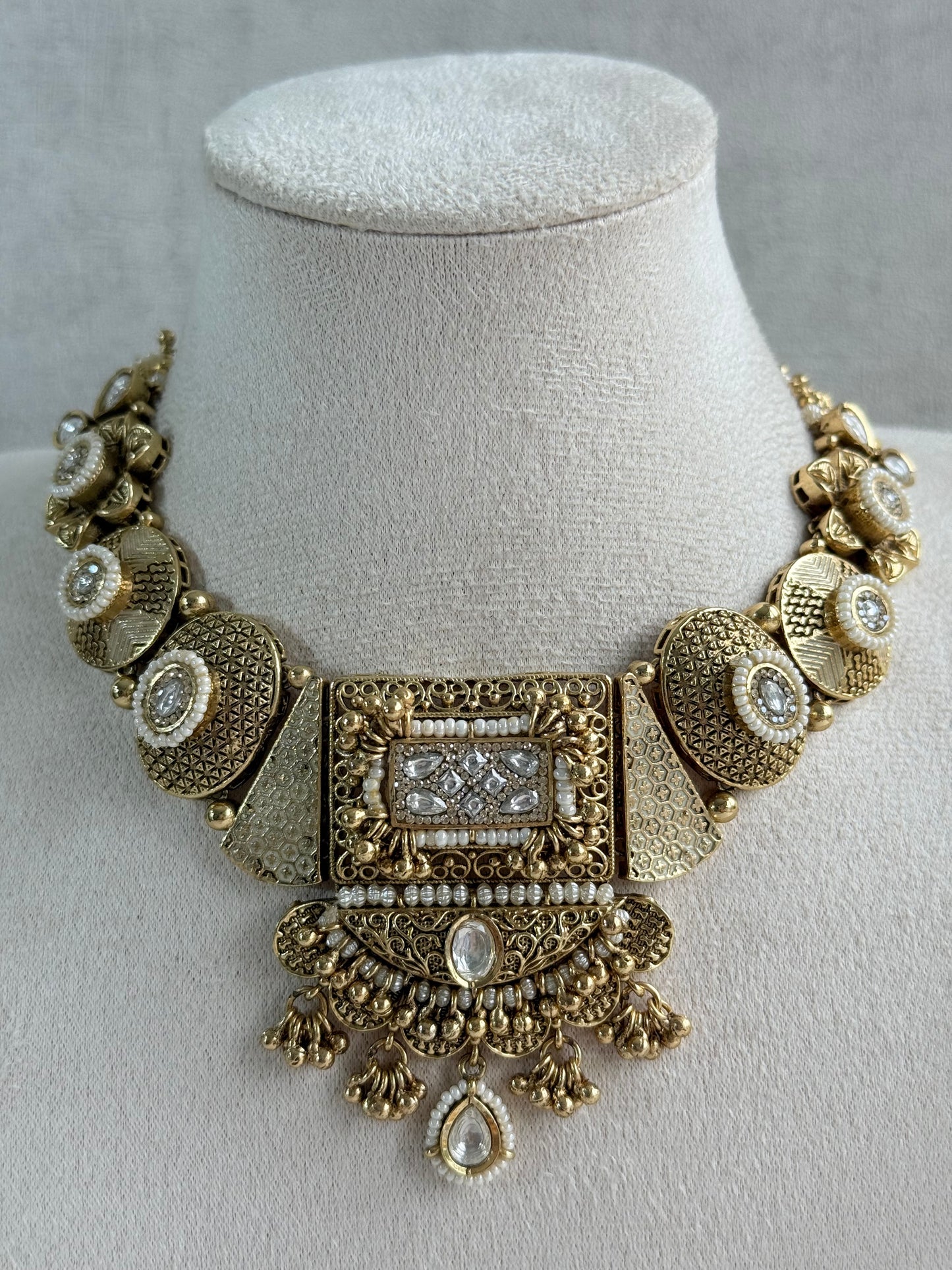 Ayura Designs Purvi Set – Necklace & Earrings with Antique Gold Filigree, Ivory & Pearl Detailing