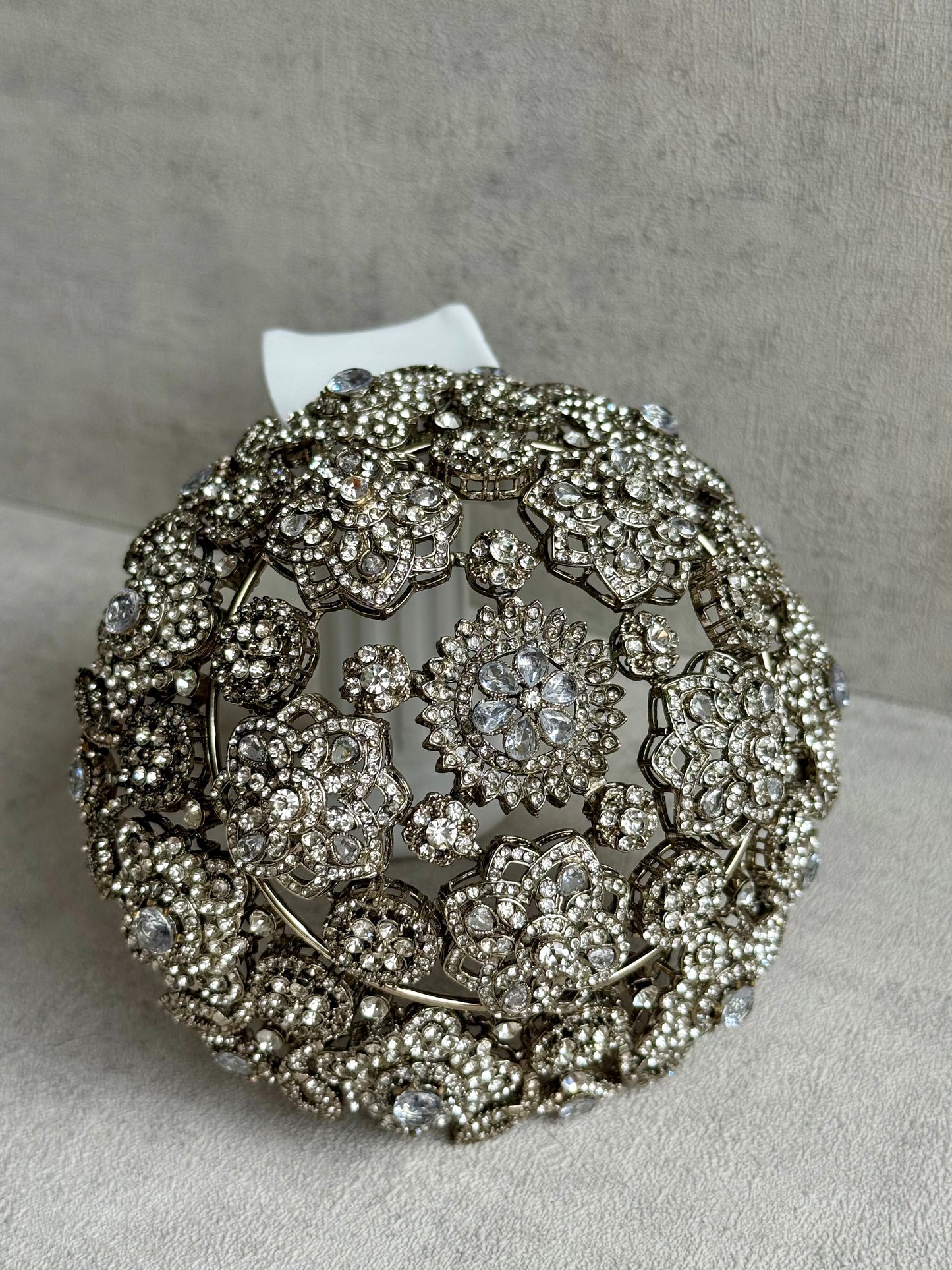 Ayura Designs Lotus Hair Bun Cover – Antique Silver with Mirror-Cut Stones & Floral Detailing