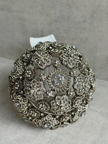 Ayura Designs Lotus Hair Bun Cover – Antique Silver with Mirror-Cut Stones & Floral Detailing