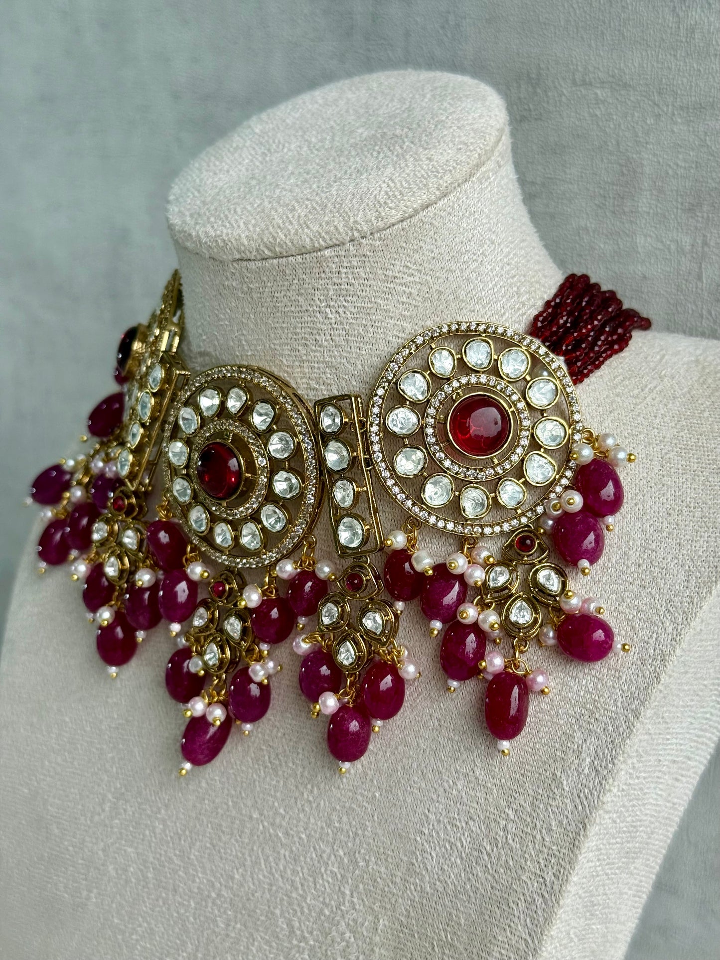 Ayura Designs Harper Set – Antique Gold Choker & Earrings with Deep Berry Pink Beads, Kundan Stones & Pearl Detailing