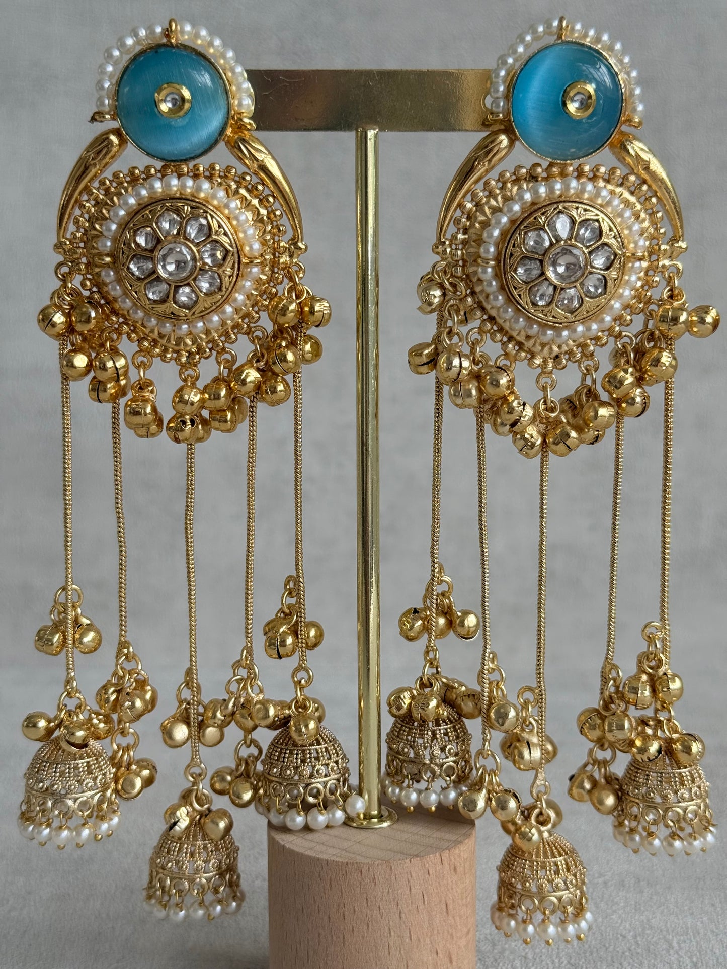 Ayura Designs Shagan Earrings – Aqua Blue Statement Earrings with Multi Jhumki Drops, Pearl Detailing & Ghungroo Accents