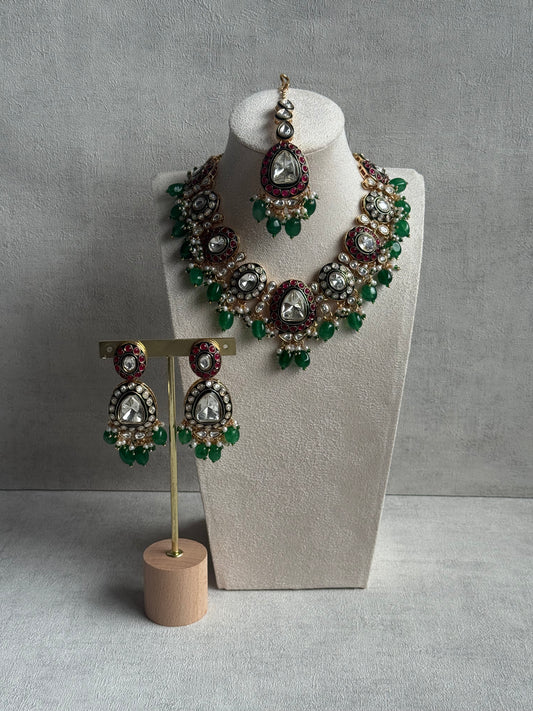 Ayura Designs Amaya Set with Necklace, Earrings & Tikka – Mirror-Cut Polki, Ruby Meenakari & Emerald Green Beads