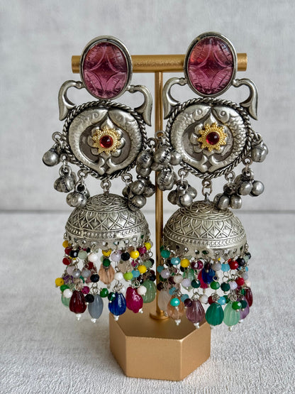 Ayura Designs Meera Earrings – Antique Silver with Multicolour Beads & Carved Glass Stone