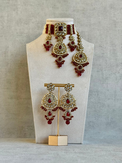Ayura Designs Zarmeen Choker Set with Earrings & Tikka – Mirror-Cut Stones, Antique Gold Finish and Ruby Red Beads