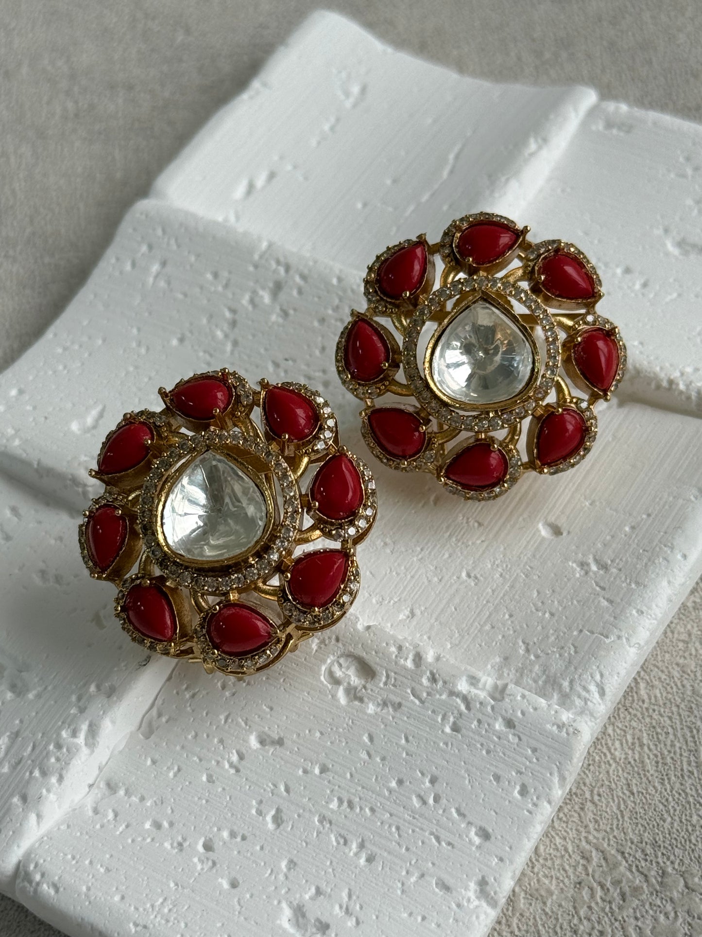 Ayura Designs Giana Stud Earrings – Ruby Red & Crystal Kundan with Gold Finish