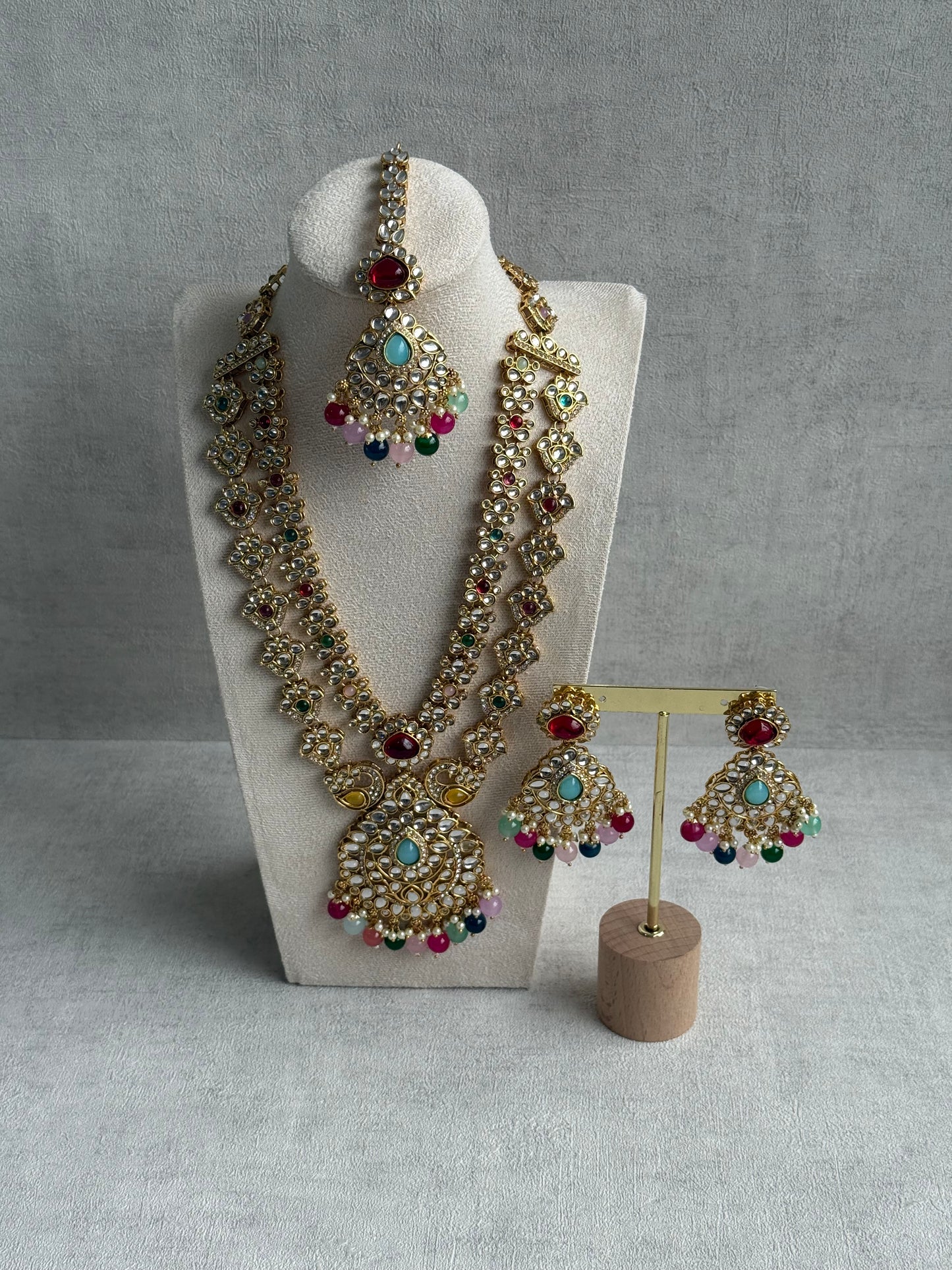 Ayura Designs Javeria Set with Earrings & Tikka – Multicolour Beads, Mirror Kundan & Gold Finish