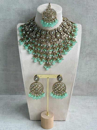 Ayura is Designs Tanya Bridal Set with Necklace, Earrings & Tikka – Pistachio Mint Beads, Mirror-Cut Stones and Antique Gold Finish