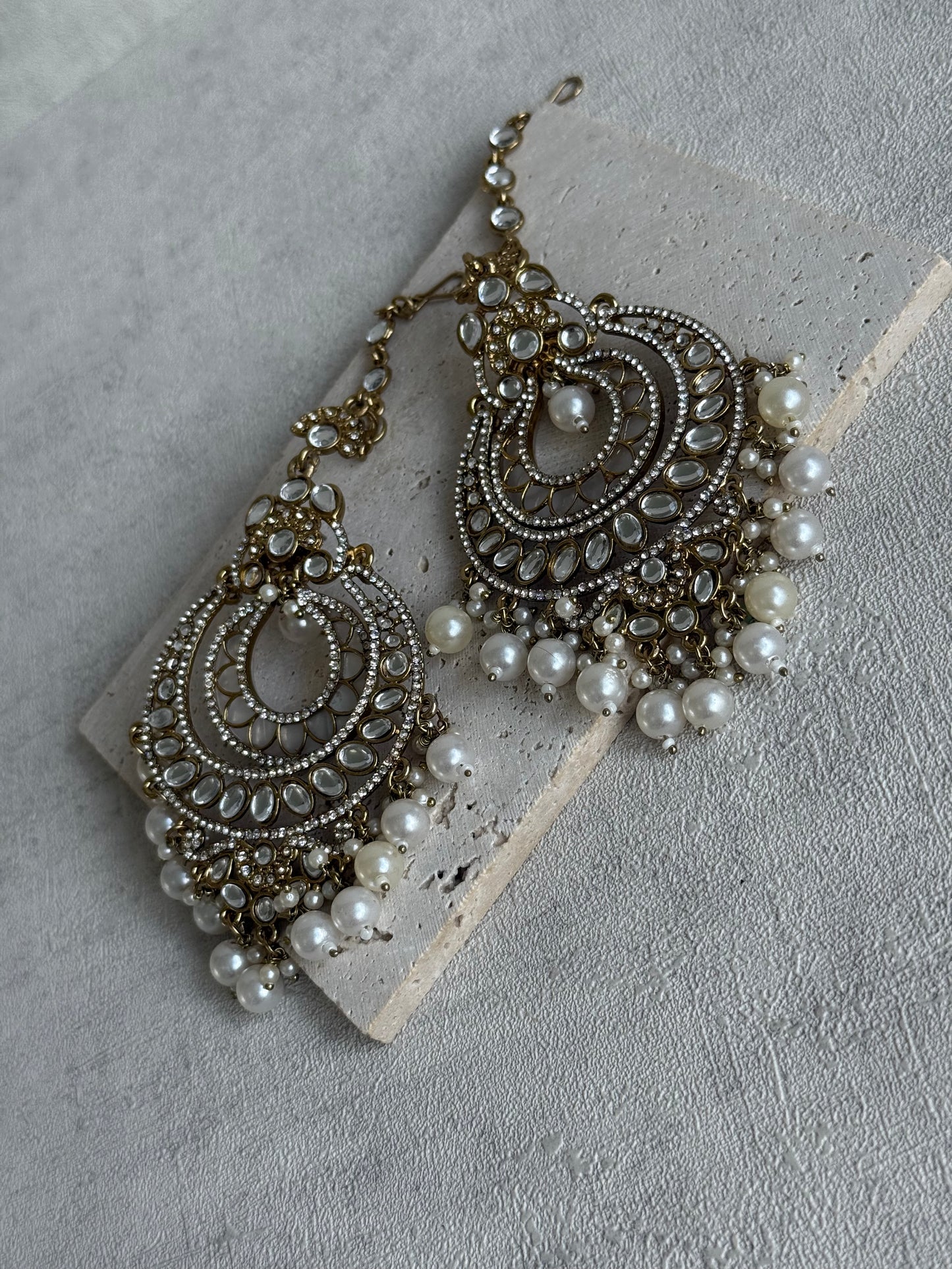 Ayura Designs Rabia Chandbalis – Antique Gold Kundan Earrings with Ivory Pearls & Attached Sahare