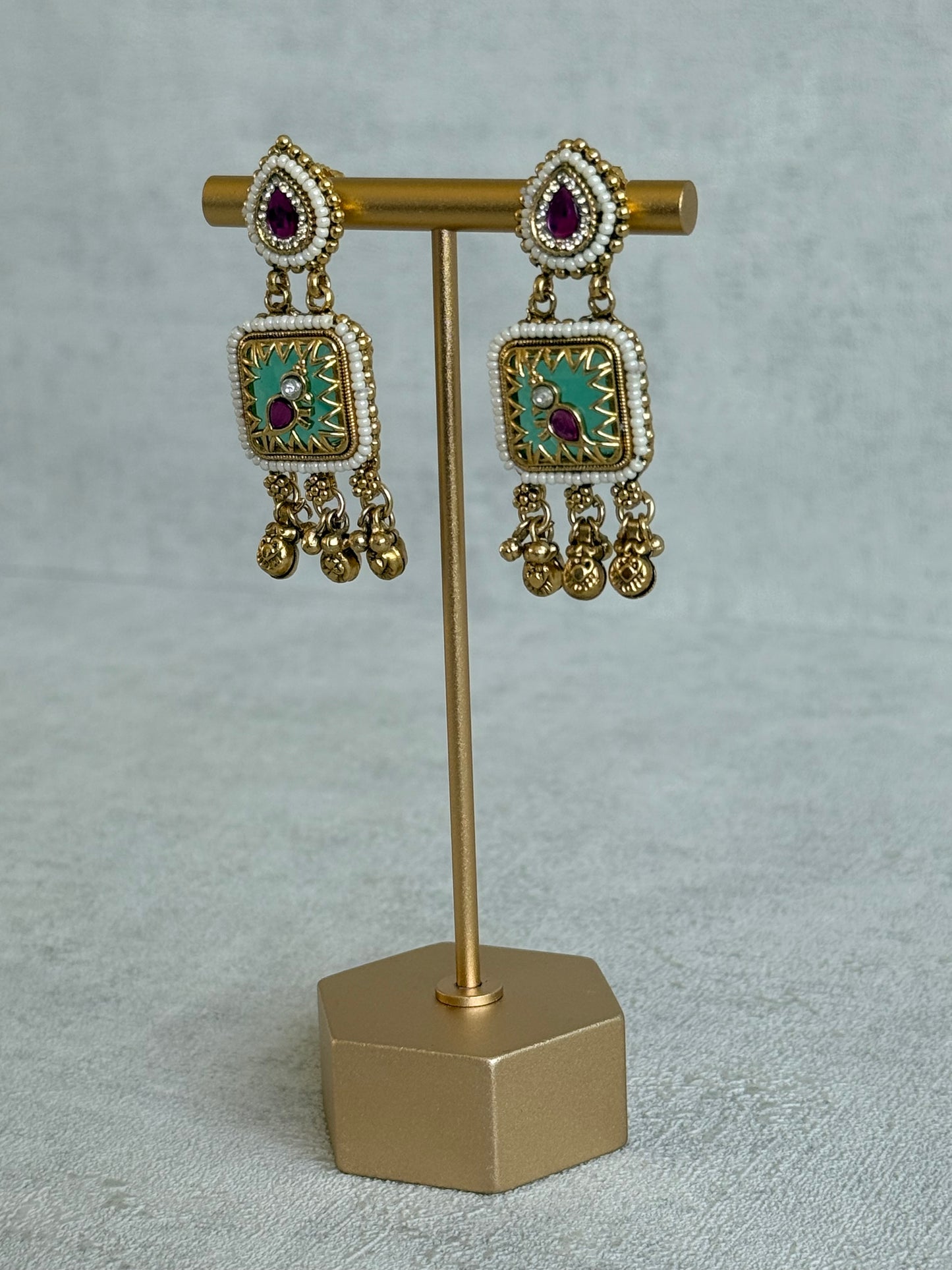 Ayura Designs Inira Drop Earrings – Mint Green Enamel Bird Earrings with Rani Pink Kundan & Ghungroo Drops