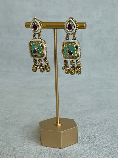 Ayura Designs Inira Drop Earrings – Mint Green Enamel Bird Earrings with Rani Pink Kundan & Ghungroo Drops