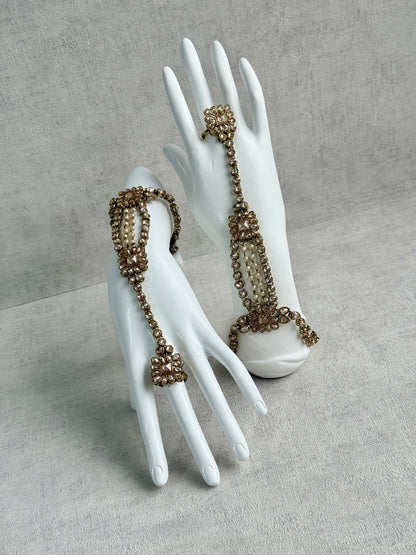 Ayura Designs Rupi Haathphool – Antique Gold with Champagne Stones & Pearl Detailing