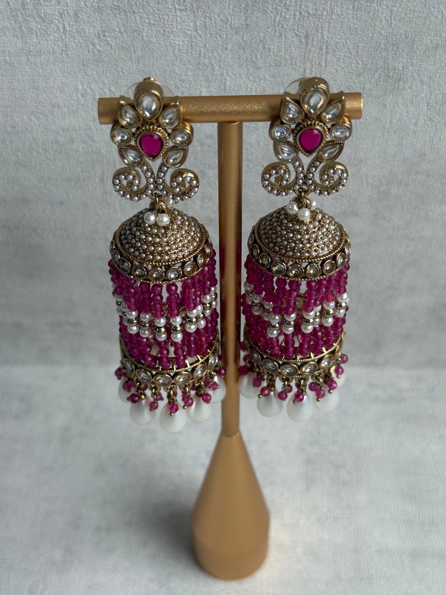 Ayura Designs Sage Earrings – Statement Jhumkis with Mirror-Cut Stones, Pearl Drops & Fuchsia Beads