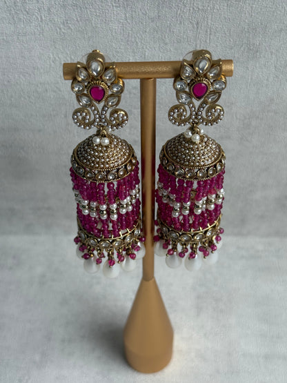 Ayura Designs Sage Earrings – Statement Jhumkis with Mirror-Cut Stones, Pearl Drops & Fuchsia Beads