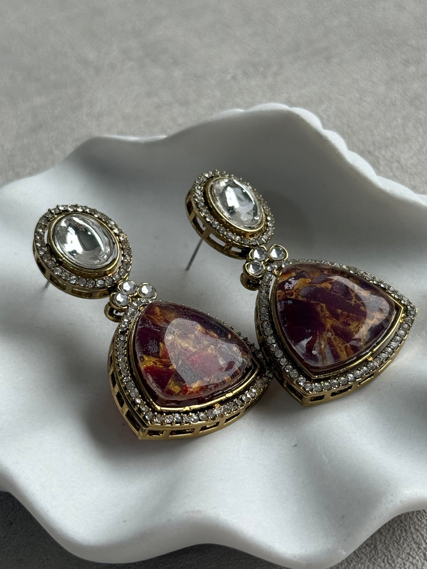 Ayura Designs Florence Earrings – mirror cut studs with Burnt Crimson Marble Resin & Crystal Borders
