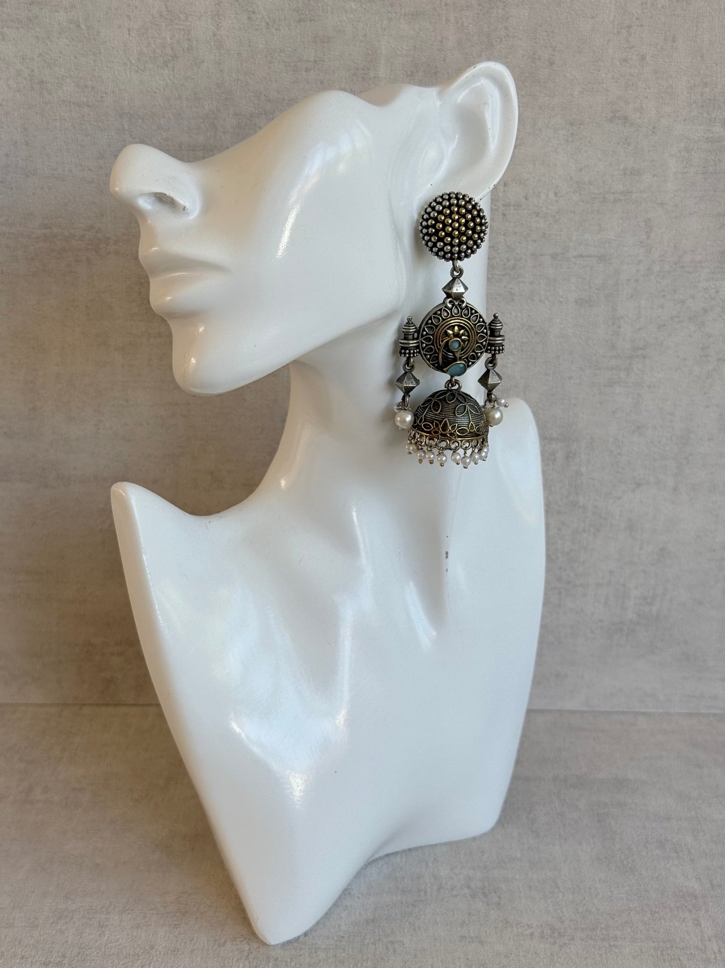 Ayura Designs Elaf Jhumki Earrings – Oxidised Silver Jhumkis with Peacock Motifs, Turquoise Stones & Pearl Drops