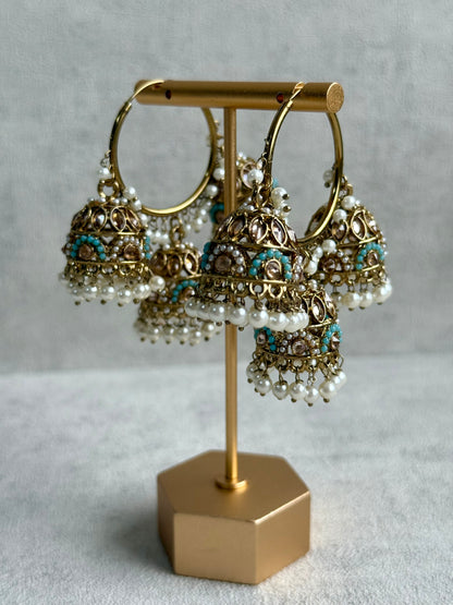 Ayura Designs Nakhra Balis – Aqua Blue Triple Dome Earrings with Mirror-Cut Stones & Pearl Detailing