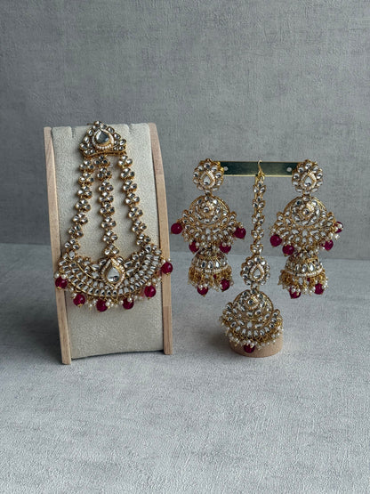 Ayura Designs Suhag Set – Bridal Necklace, Jhumkis & Tikka with Pink Beads, Pearl Detailing & Gold-Finish Kundan