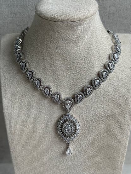 Ayura Designs Bella Set – Silver Necklace & Earrings with Teardrop Moissanite Stones & Radiant Halo Design