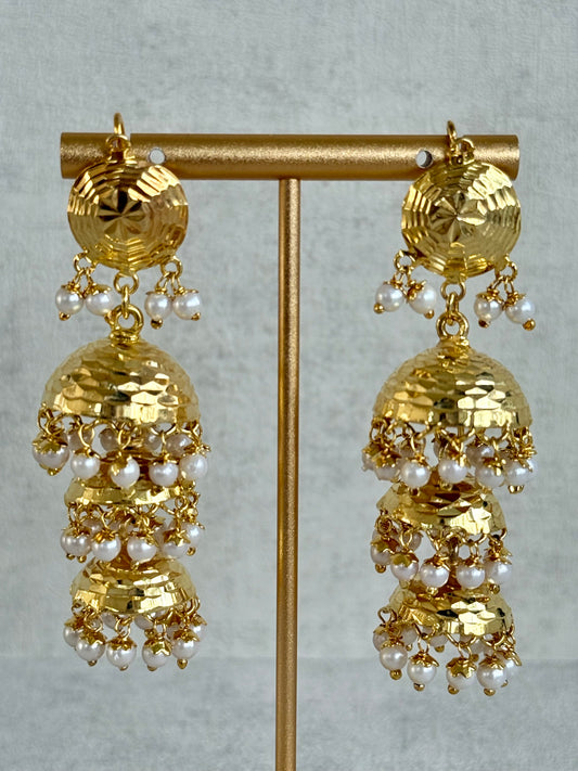 Ayura Designs Noorak Jhumkis – Hammered Gold Layered Jhumkis with Pearl Drop Detailing