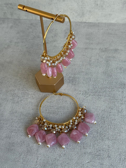 Ayura Designs Heer Balis – Gold Hoops with Baby Pink Marble Beads, Pearls & Crystal Detailing