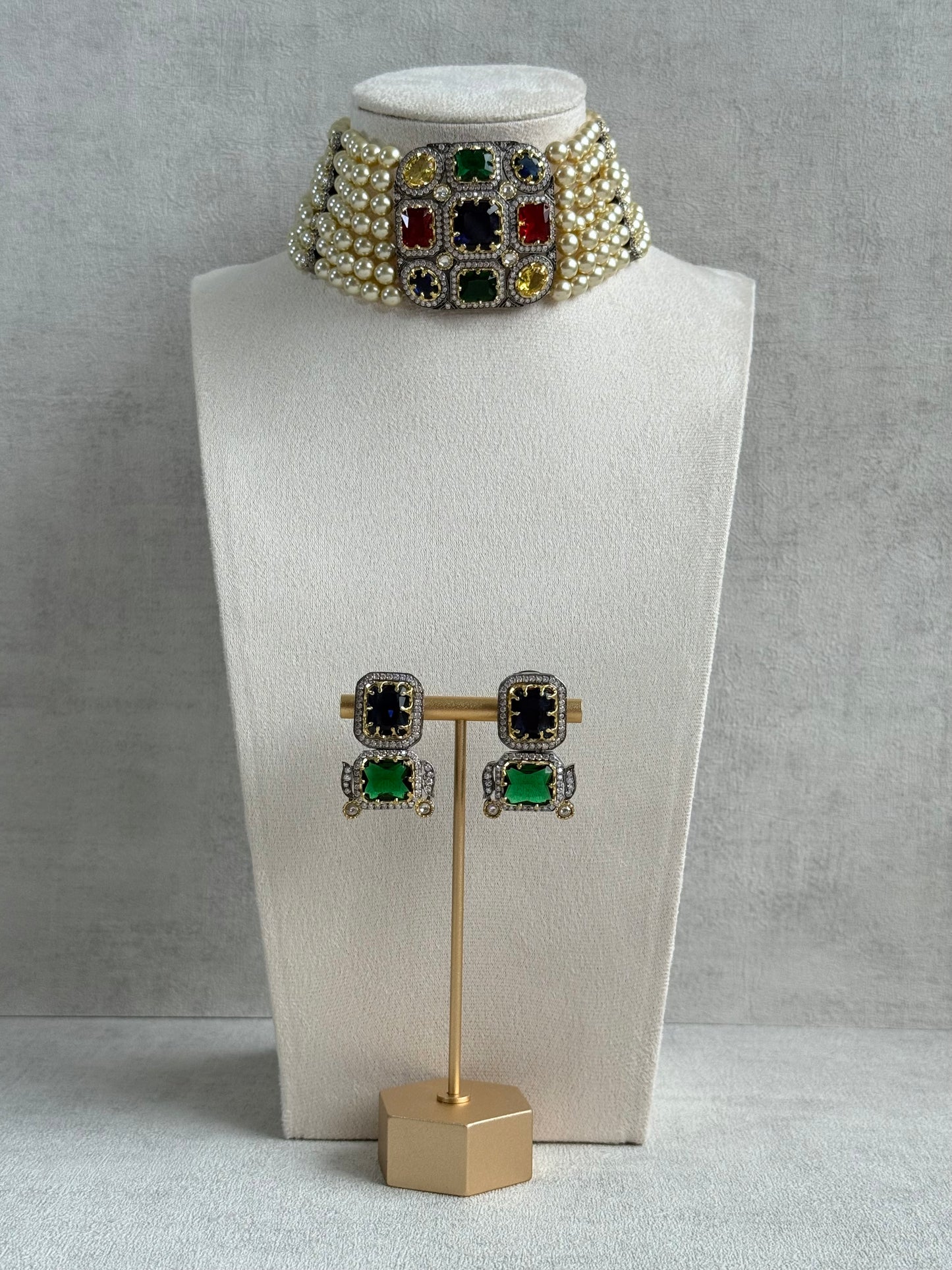 Ayura Designs Amelia Choker Set with Earrings – Moissanite Stonework with Layered Pearls in Antique Silver Finish (Deep Jewel Tones)