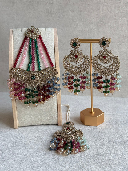 Ayura Designs Dilnaz Necklace Set with Earrings, Tikka & Passa – Multicolour Crystal Beads & Antique Gold Finish
