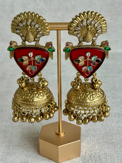 Ayura Designs Makali Earrings – Crimson Red Enamel with Multicolour Stones & Antique Gold Jhumkis
