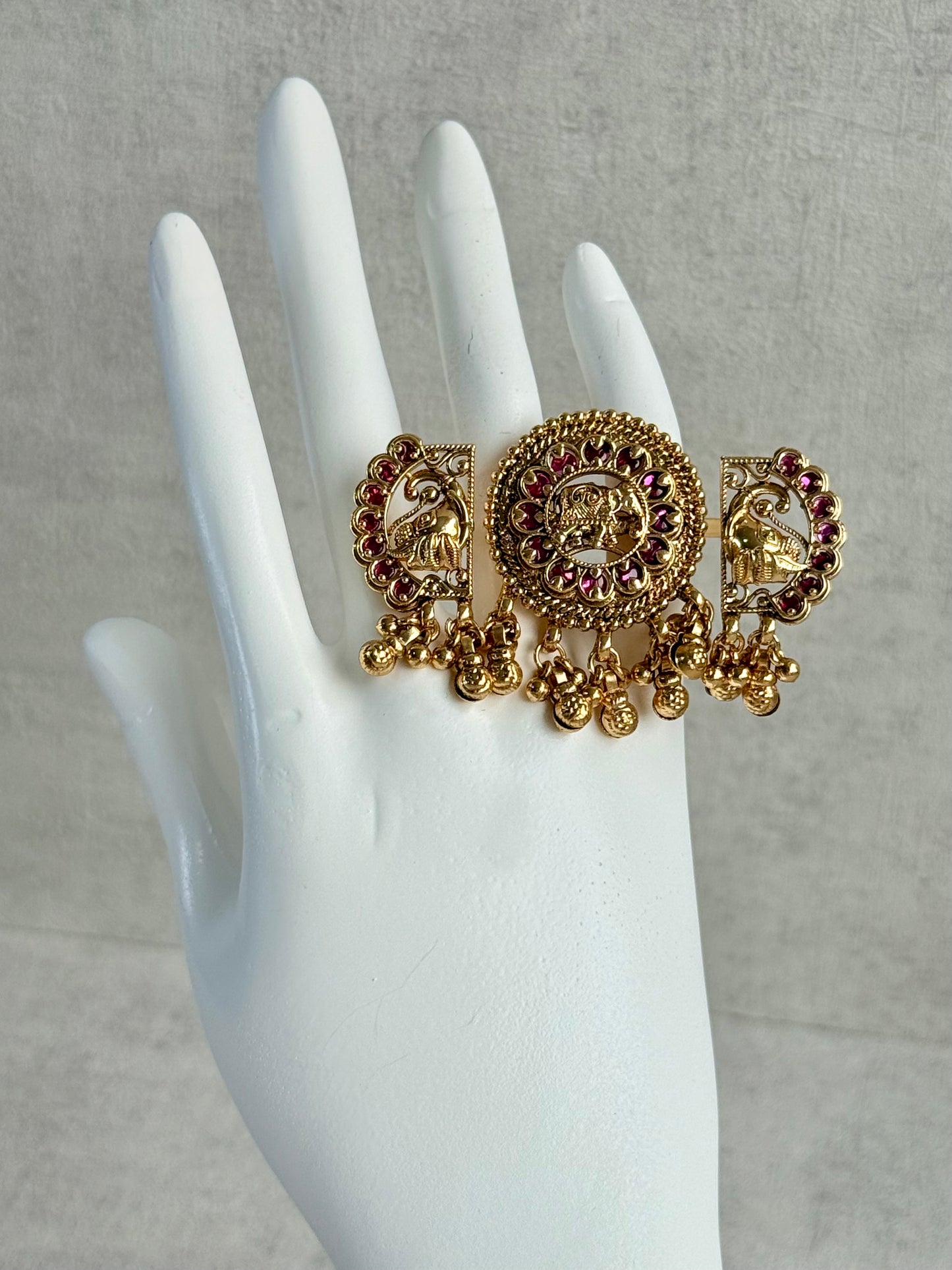 Ayura Designs Nira Adjustable Ring – Jadau-Inspired Elephant Motifs with Rani Pink Stones, Pearl Drops & Ghungroos