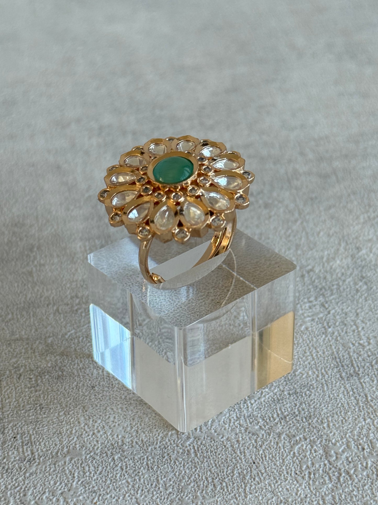 Ayura Designs Luisa Adjustable Ring – Mint Centre Stone with Crystal Petal Detailing