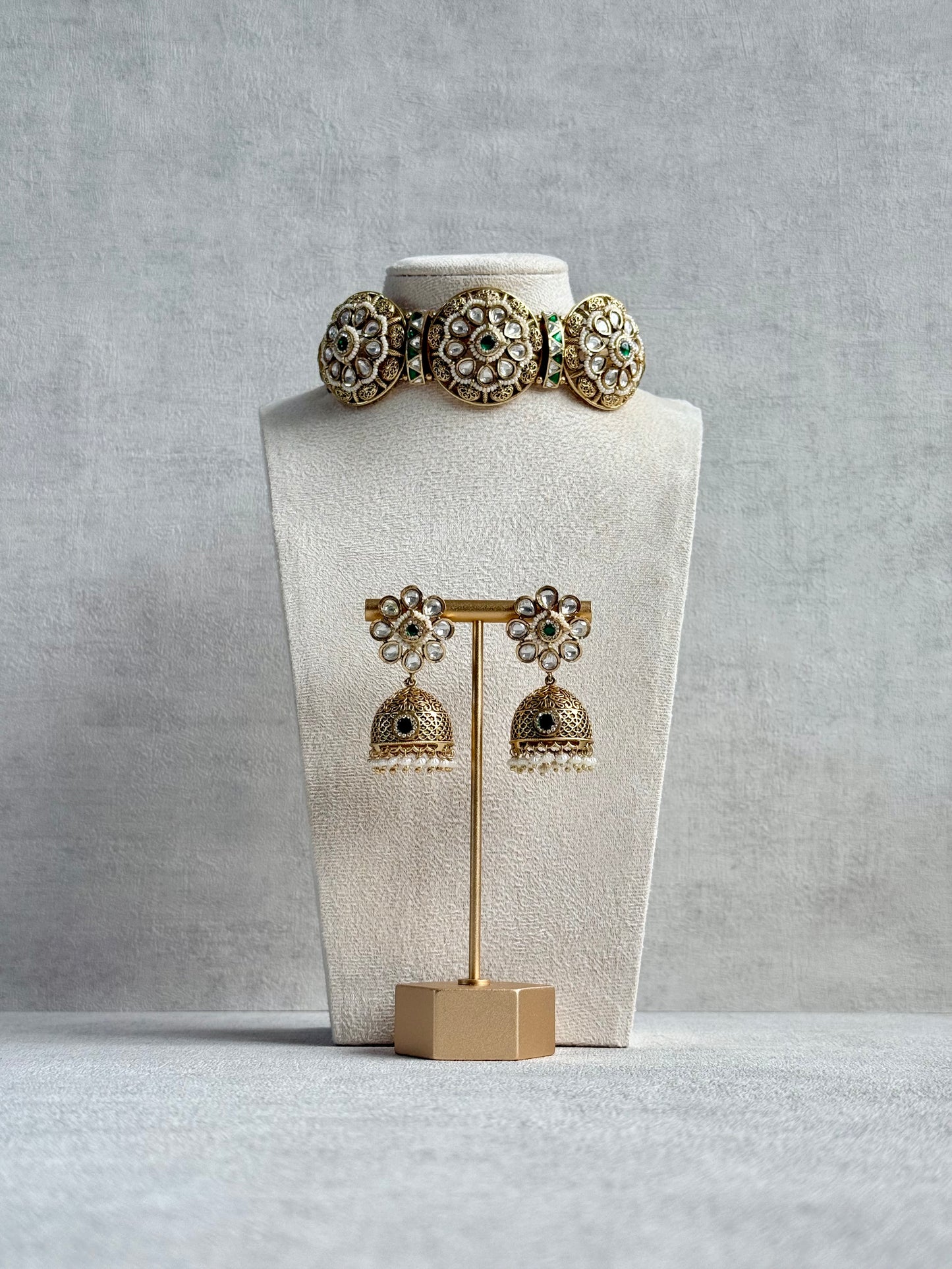 Ayura Designs Tanu Choker Set – Antique Gold Choker & Jhumkis with Ruby & Emerald Kundan and Pearl Borders